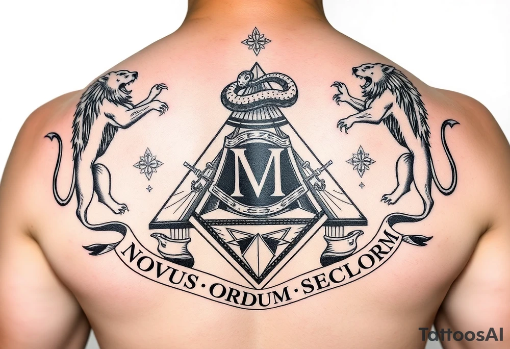 Pyramid from dollar, diamond with snake on the top,lions on corners,surrounded by words - novus ordum seclorum tattoo idea