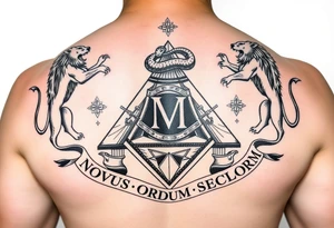 Pyramid from dollar, diamond with snake on the top,lions on corners,surrounded by words - novus ordum seclorum tattoo idea