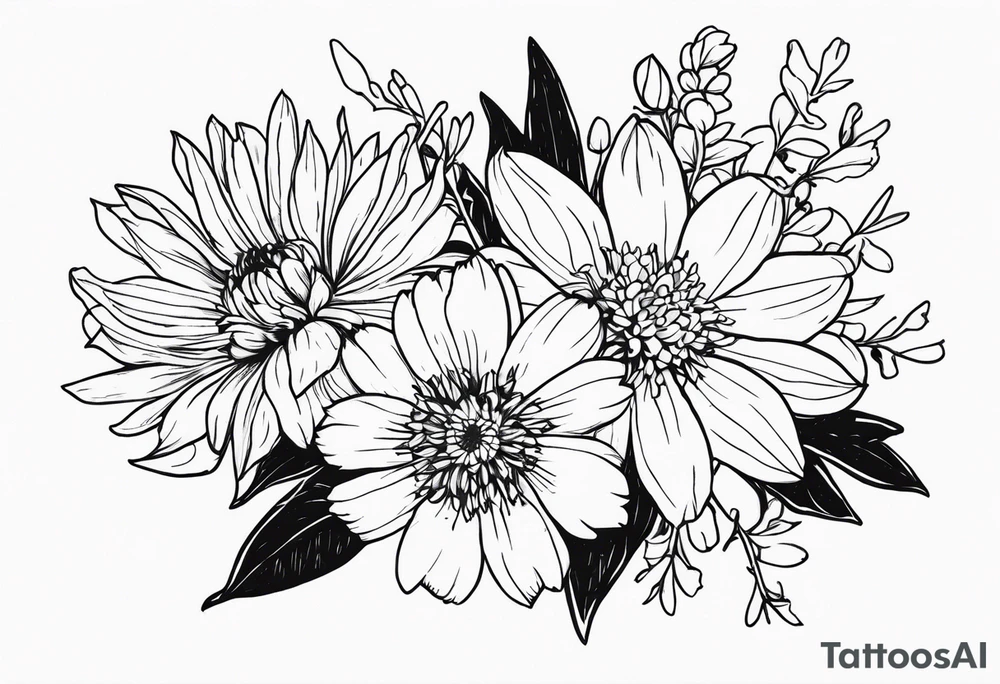 Aster and larkspur tall bouquet tattoo idea