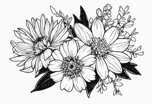 Aster and larkspur tall bouquet tattoo idea