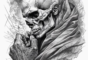 extreme chronic joint pain breaking through skin on arm sorrow sad broken tissue realistic fragmented scream skull man tattoo idea