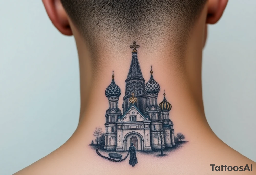 St. Basil's Cathedral scene with a christian orthodox in a ak47 style with a beaded orthodox thurible chain tattoo idea