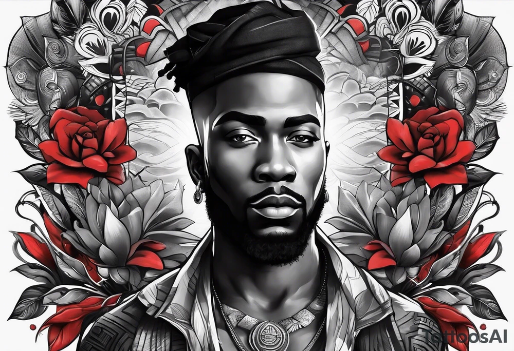 homem divindade africano realista em preto e cinza com os olhos vermelhos. Fundo da imagem com tons vermelhos. Usando na mão um falo de madeira com cabaças penduradas. tattoo idea