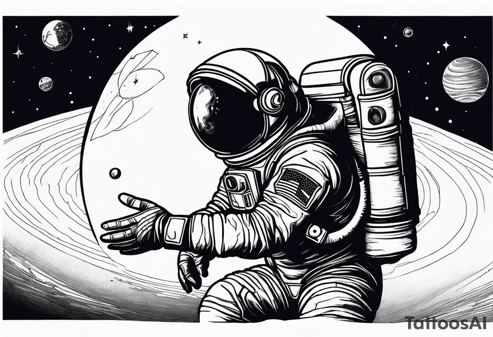 an astronaut hunched over in space from the back holding a planet in his hands tattoo idea