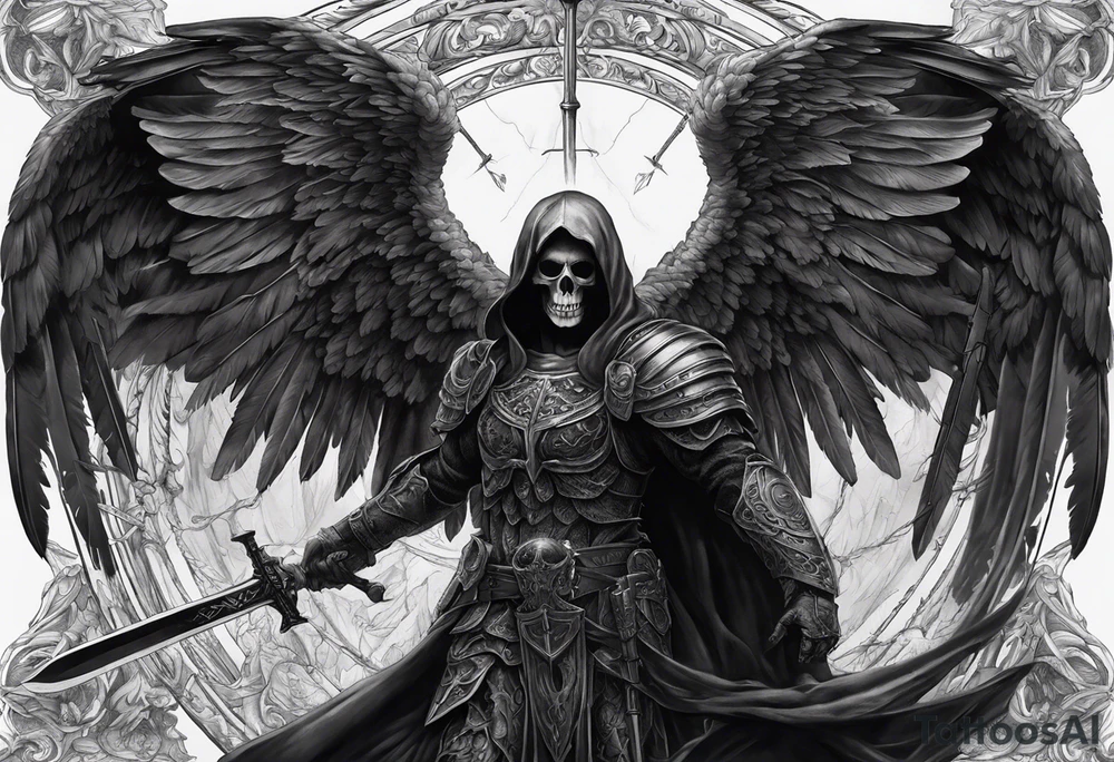 realistic full body of black angel of death, no face, face is not visible, with wings holding only one sword in both hands, the edge of the sword is killing the skull, skull is on the ground tattoo idea