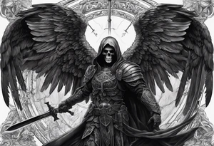 realistic full body of black angel of death, no face, face is not visible, with wings holding only one sword in both hands, the edge of the sword is killing the skull, skull is on the ground tattoo idea