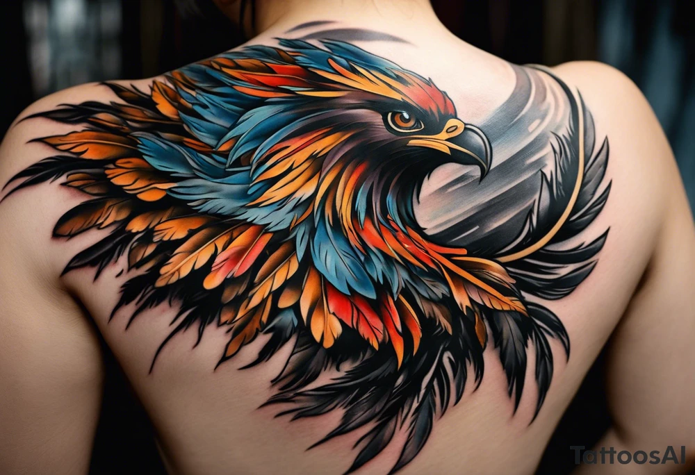 The tattoo begins on the left arm, at the elbow, where feathers are flying under the action of the wind towards the left hand. These feathers share the air space with branches that have leaves, and both elements move together up the left arm. As they approach the shoulder, some lightning appears between them. At this point, the feathers start to converge toward the left chest, where a vortex of energy reveals the head of an owl. The branches converge toward the left side of the back, passing over the shoulder. On the left side of the back, there is a dense, psychedelic element representing the energy of life's creation, with references to the earth, element, and planet. There is also a clay house in this area. tattoo idea