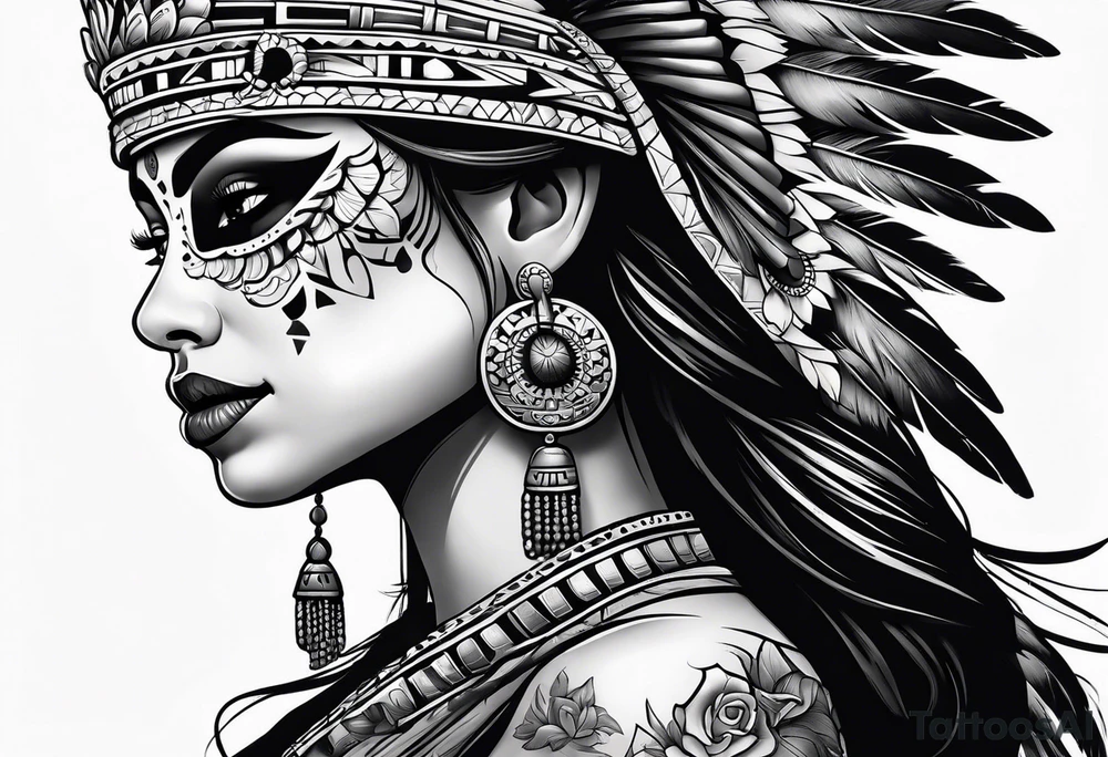 Aztec princess side profile day of the dead tattoo idea