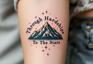 The phrase “Through Hardships To the Stars” flows in ink the color of rusted copper, rising over a dark green mountain range beneath a night sky. tattoo idea