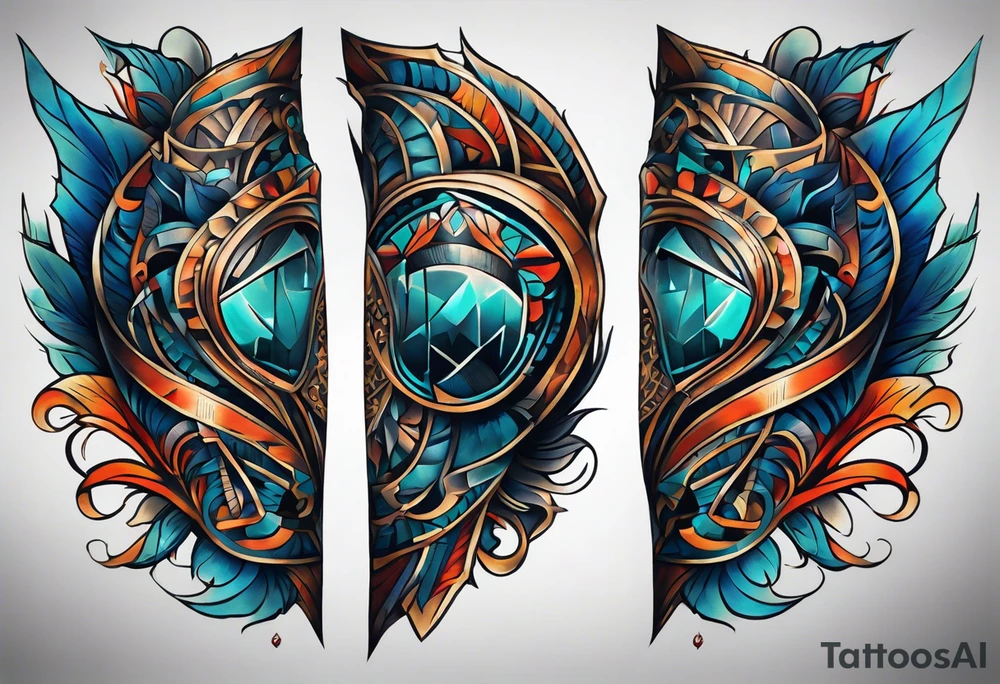 semi Detailed neo traditional knee tattoo flat on paper. The tattoo features geometric patterns and bold lines, creating a visually striking design with slight tints of deep fall colors. outside the tattoo features deep blues washes and water swirls tattoo idea