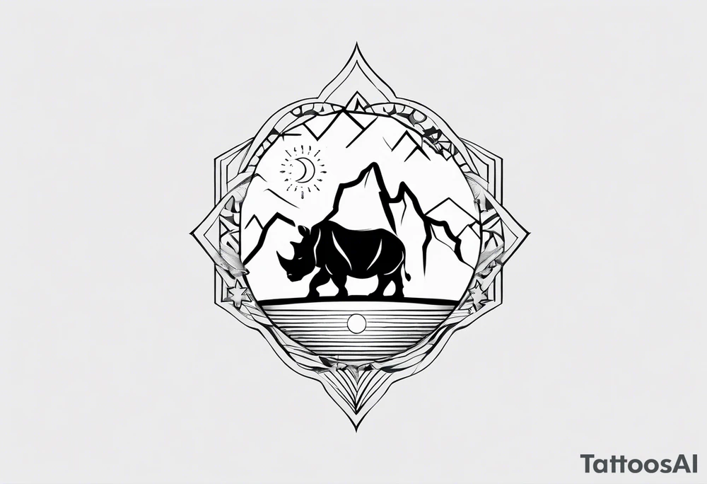 Fineline art minimalistic tattoo with African continent outline as focus, camping which indicates adventure spirit, rhino, symbol of strength,  motherhood, pisces stars, lotus, sun, vertical alignment tattoo idea