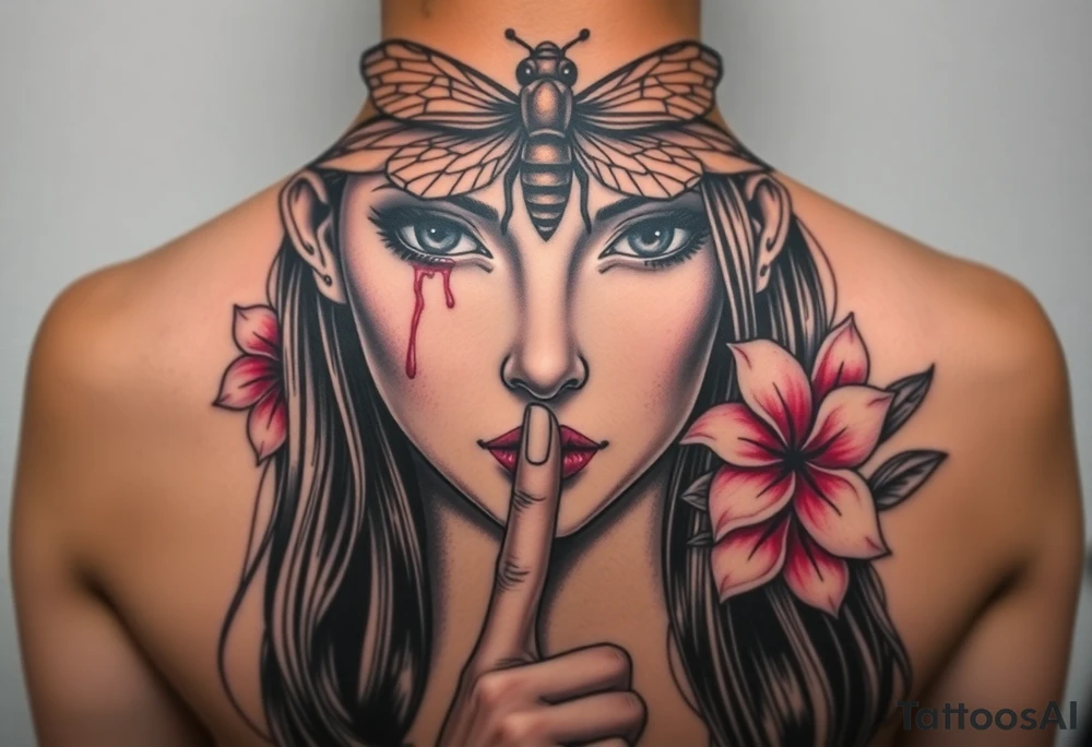 Womens realistic face eyes and nose ears and mouth with long hair but her ears are bleeding her index finger is to her lips like telling you to not talk and her above her head right atop of her head where her forehead would be and her eyes a butter fly is above her and is covering both her eyes and forehead like a hat and blind fold but only covering her eyes and for head you can see her ears bleeding her lips her nose and her putting her fi her to her lips as there is a garden of Beautiful pink plumeria tattoo idea