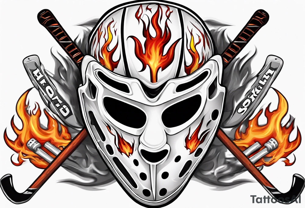 a goalie mask with crossed hockey sticks and flames saying "SHOT HOCKEY" tattoo idea