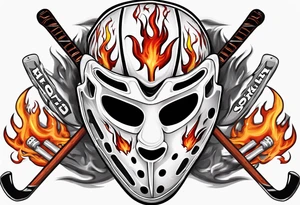 a goalie mask with crossed hockey sticks and flames saying "SHOT HOCKEY" tattoo idea