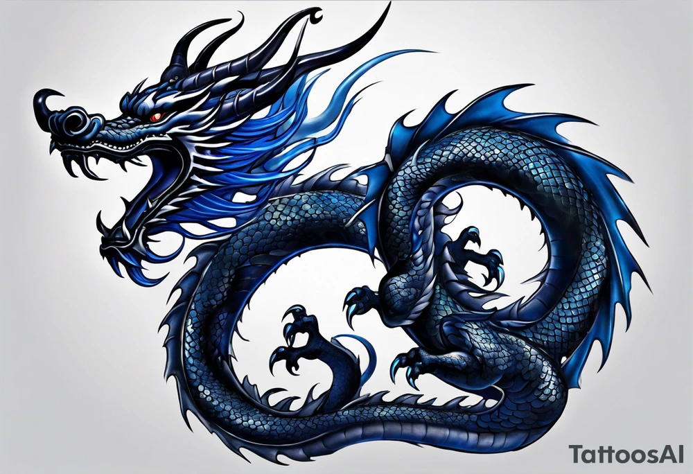An epic floating asian dragon. Its long body coiling dynamically, with scales and horns detailed to create a sense of movement and strength. The dragon's main color is midnight blue, giving a vibrant depth and a mystical aura. This tattoo highlights the dragon’s fierce expression and sharp claws. tattoo idea