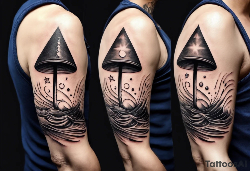 simple icons down the back of the arm featuring four icons:

1. a music note on a staff
2. a wave of water
3. a pocket
4. mushroom tattoo idea