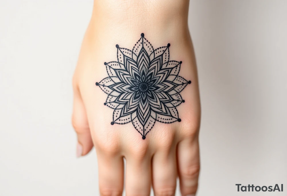Lotus mandala extends into back of hand tattoo idea