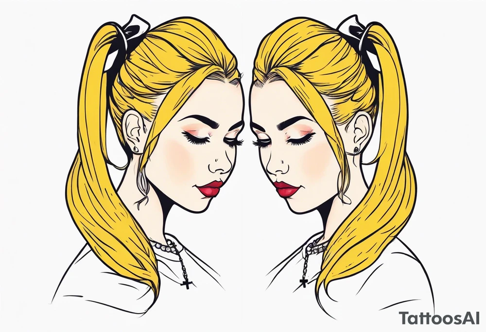 feminine skull and cross bones with hair in two blonde pigtails tattoo idea