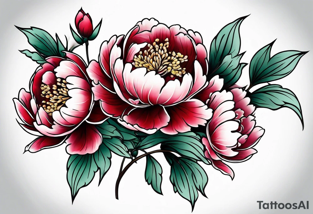 Shoulder and forearm tattoo for woman. Japanese style peony flowers bunch with stems extended to the forearm. Lightly coloured. Thin lines. Add long stems. Not very packed have distance between flowers . Add stems tattoo idea