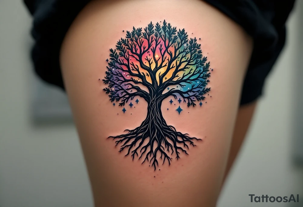 mystical tree of life with cosmic roots and celestial branches tattoo idea