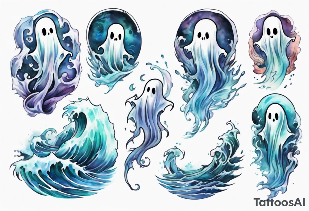 a transparent ghost rising from the waves of the sea tattoo idea