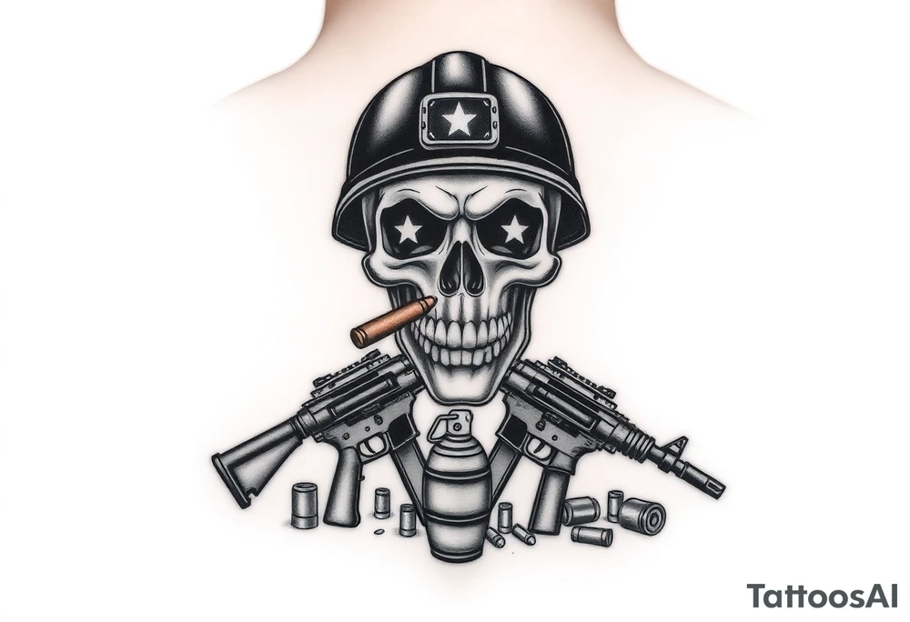 skull with soldier helmet,cigar in his mouth,crossed assault rifles,hand grenade,graveyard,cartridges, tattoo idea