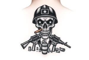 skull with soldier helmet,cigar in his mouth,crossed assault rifles,hand grenade,graveyard,cartridges, tattoo idea
