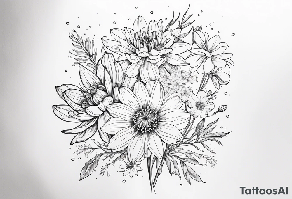 Narcissus, Chrysanthemum, Cosmos, snow drop that shows all the flower stems for the back of the arm. All in one bouquet. Fine line tattoo idea