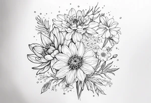Narcissus, Chrysanthemum, Cosmos, snow drop that shows all the flower stems for the back of the arm. All in one bouquet. Fine line tattoo idea