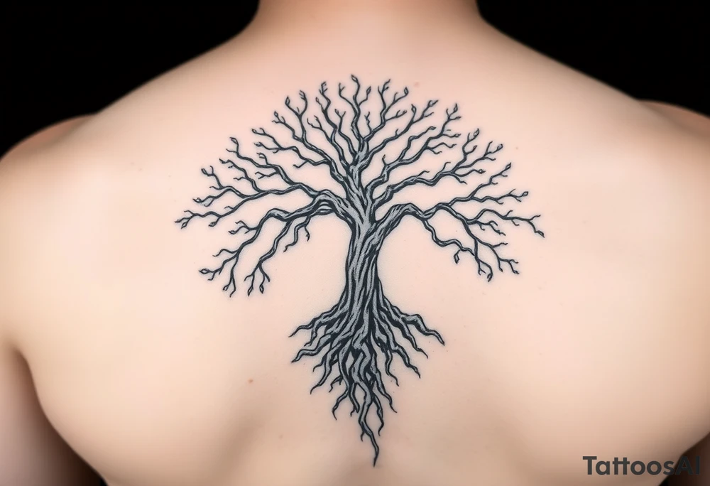 mystical tree of life with cosmic roots and celestial branches tattoo idea