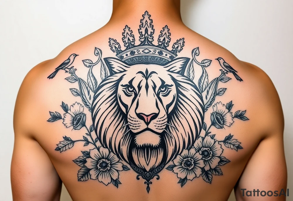 powerful majestic lion with a crown, surrounded by floral ornaments and birds tattoo idea