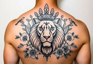 powerful majestic lion with a crown, surrounded by floral ornaments and birds tattoo idea