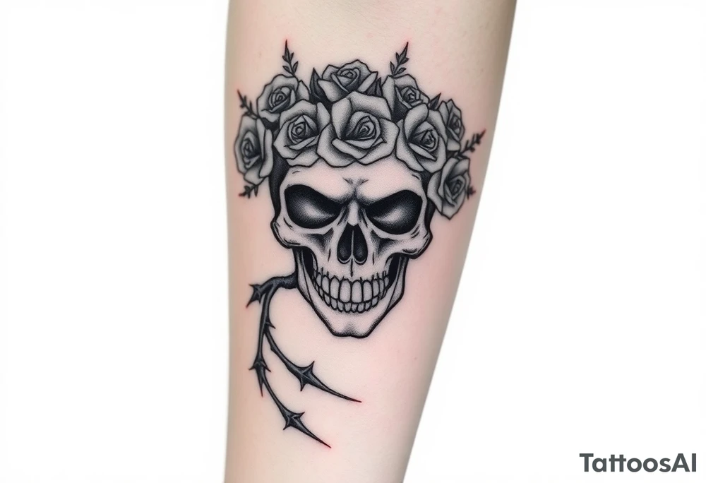 ornate skull adorned with crown of wild roses and thorns tattoo idea