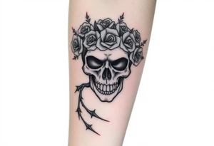 ornate skull adorned with crown of wild roses and thorns tattoo idea