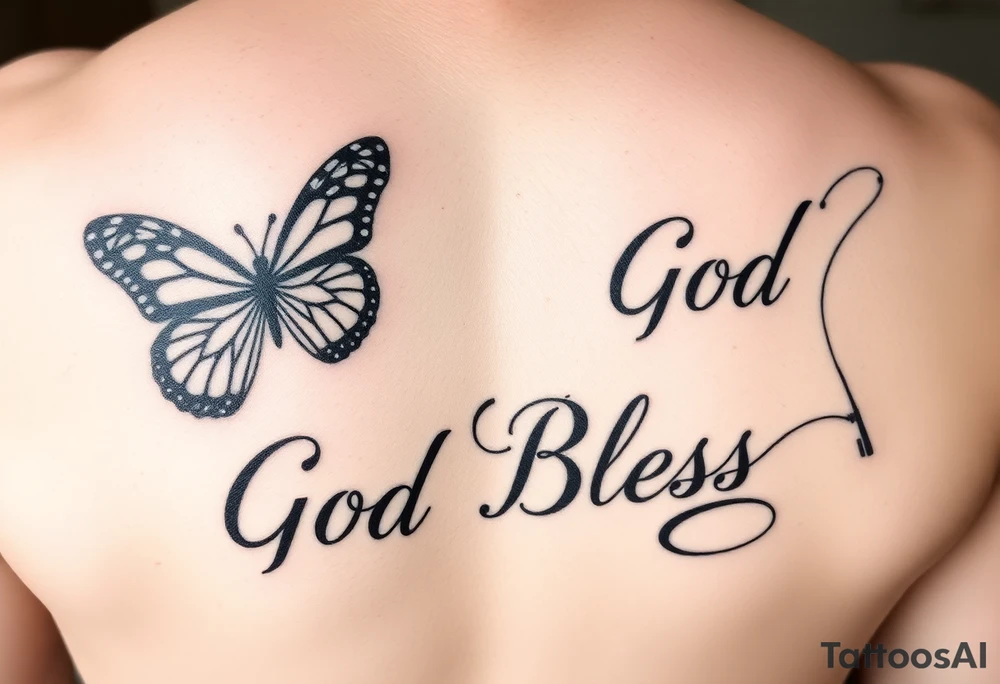 The words No Rush with a monarch butterfly and the words God Bless with a fishing pole. Tattoo is masculine for the upper arm tattoo idea