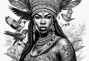 African woman warrior holding a spear with a mean look on her face with birds and leafys in the background and tattoo idea