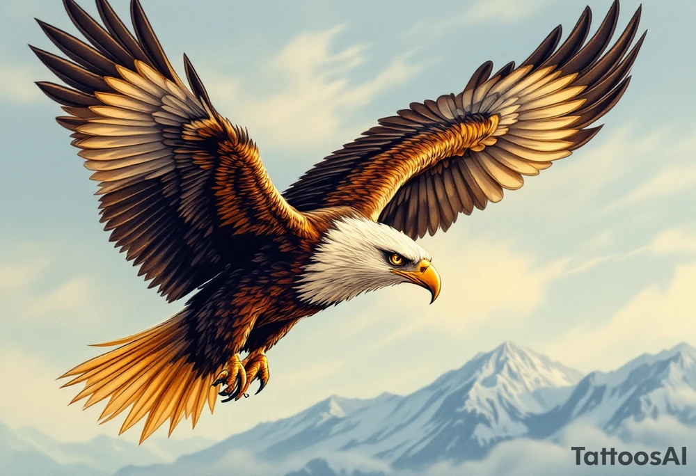 A majestic eagle in flight with wings spread wide, its feathers detailed in shades of deep brown, gold, and cream. The eagle’s sharp, focused eyes are outlined in black, with subtle accents of amber to create an intense gaze. The feathers on the wings have gradients of dark brown at the tips, transitioning to lighter golden hues towards the body. The background features a soft blue sky with wisps of clouds, adding a sense of movement and freedom. The eagle’s talons are outstretched, ready to grasp, with a slight glow around them, symbolizing power and dominance. A faint outline of a mountain range can be seen beneath the eagle, representing strength and resilience. tattoo idea