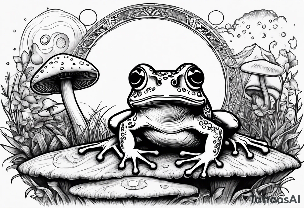 dancing frog on two feet under the moon mushroom in the Background mystical tattoo idea