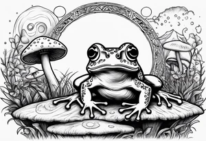 dancing frog on two feet under the moon mushroom in the Background mystical tattoo idea
