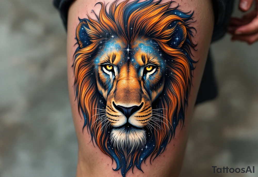 The Leo vivid star constellation is woven into the flowing mane of a copper-toned lion, with cosmic blues and silvers. tattoo idea