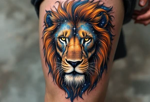 The Leo vivid star constellation is woven into the flowing mane of a copper-toned lion, with cosmic blues and silvers. tattoo idea