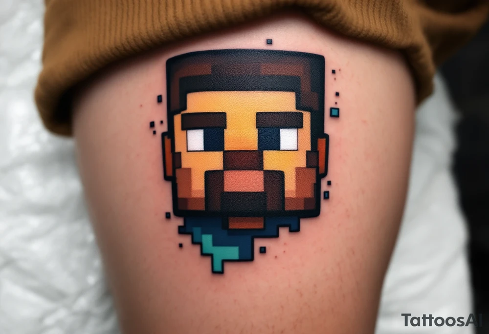 Small Minecraft Steve tattoo 2 inch by 2 inch more vibrant colors more cartoonish tattoo idea