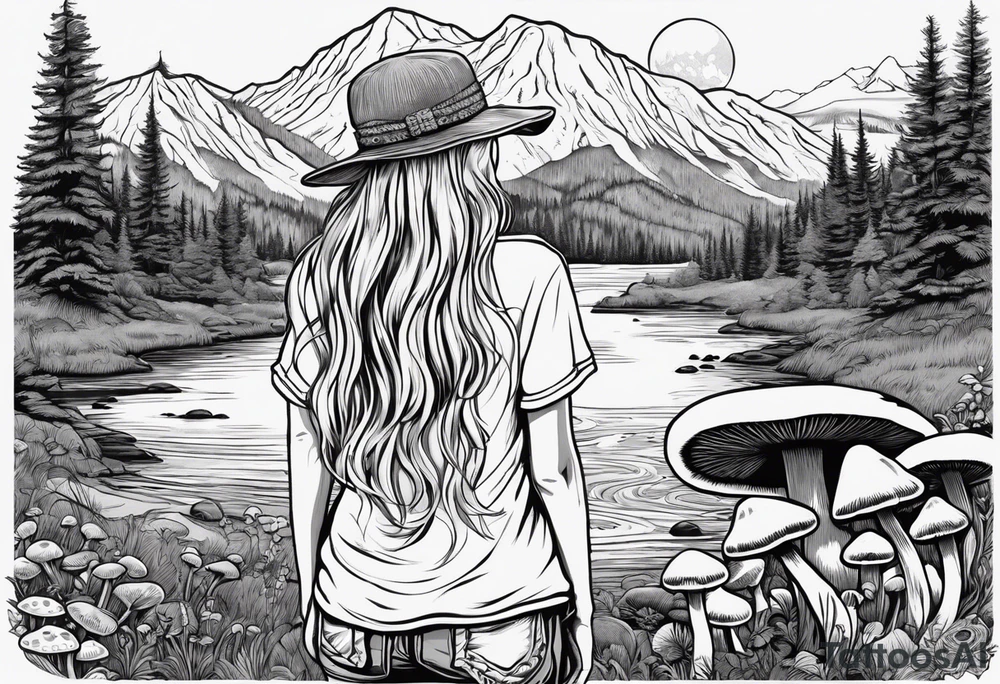 Whole picture encircled fully

Straight long blonde hair hippie girl in distance holding mushrooms in hand facing away toward mountains and creek surrounded by mushrooms tee shirt and hiking pants; whole rendering within a full circle, no cut off circle tattoo idea