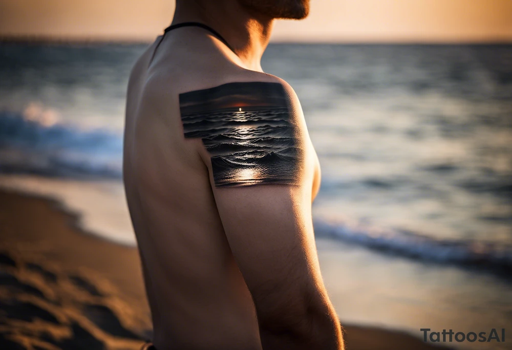 Minimalistic, small, black and white tattoo on male forearm. From the perspective of being on the ocean, the water is calm, with no waves in sight, the sun is setting behind the ocean, reflecting light onto the water. The tattoo in the shape of a rectangle, 4 inches wide by 2 inches tall. tattoo idea