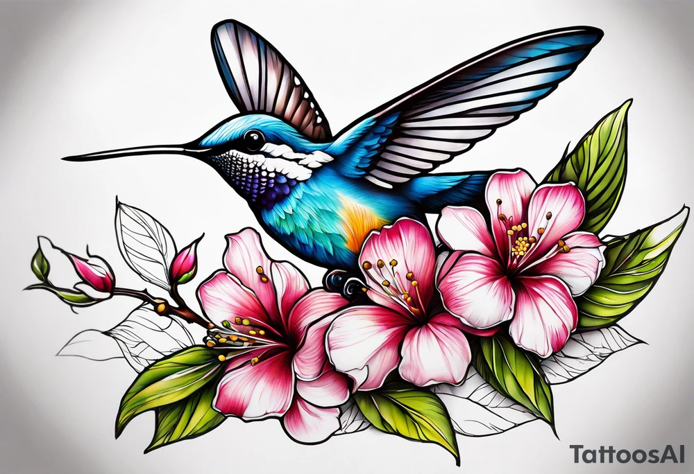 Propose moi un tatouage dans le dos les éléments sont : colibri carte de la Martinique fleur de prunus du Japon tattoo idea