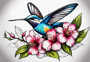 Propose moi un tatouage dans le dos les éléments sont : colibri carte de la Martinique fleur de prunus du Japon tattoo idea