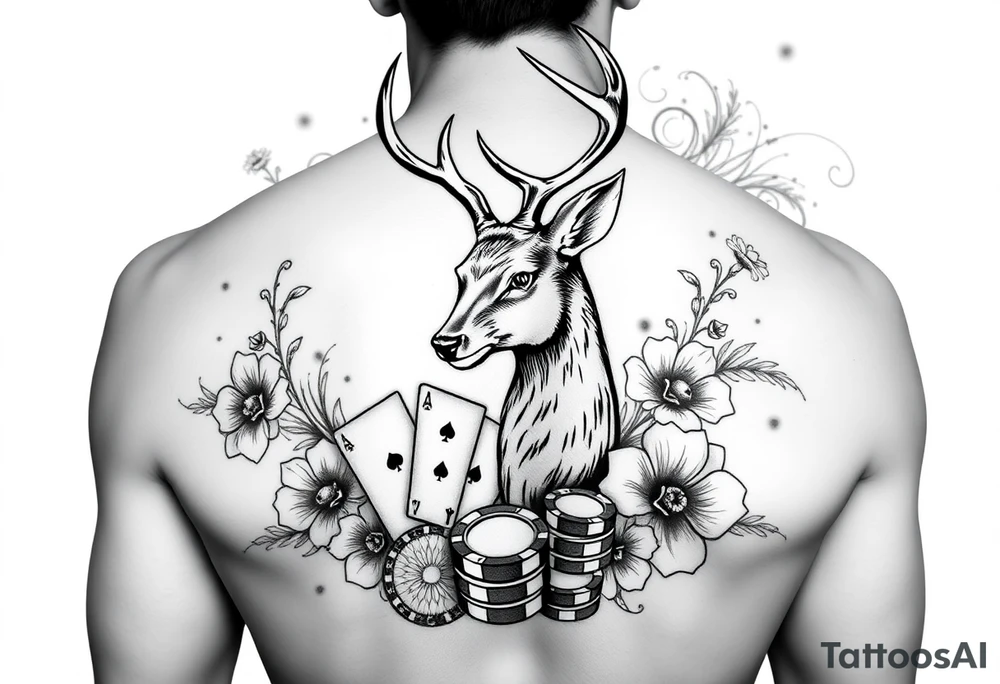 Casino theme with deer cards, dice poker, chips, and flowers and swirls in the background tattoo idea