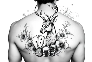 Casino theme with deer cards, dice poker, chips, and flowers and swirls in the background tattoo idea