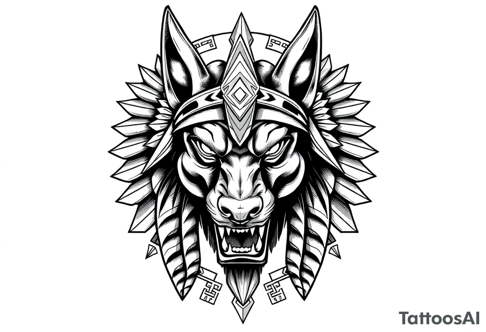 Egyptian Anubis god powerful face muscle in Egypt style with mantle on head dog face surrounded Egyptian symbols tattoo idea
