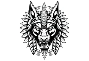 Egyptian Anubis god powerful face muscle in Egypt style with mantle on head dog face surrounded Egyptian symbols tattoo idea